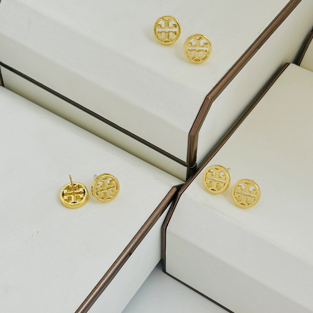Tory Burch Brass Gold Plated Round Logo Stud Earrings